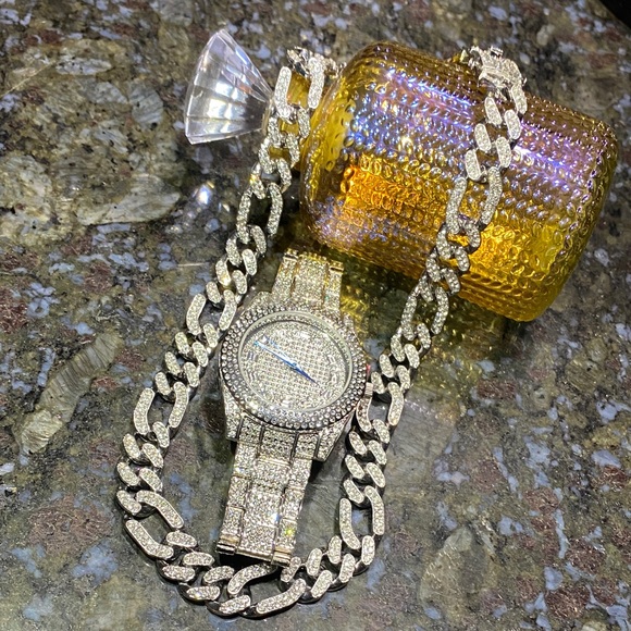 Other - Silver white Watch and Chain Set 20” Cuban